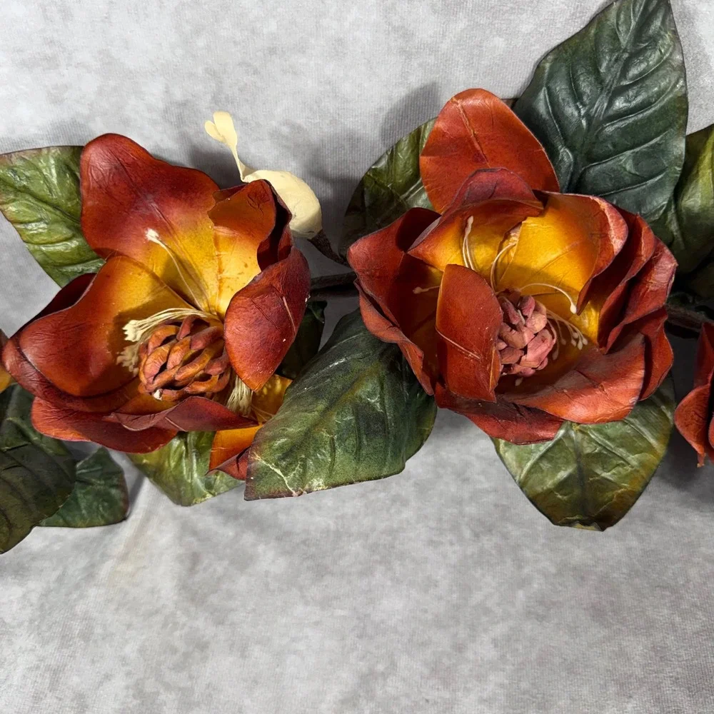 Vtg Faux Magnolia Garland Artificial Autumn Flower Swag Rustic Fall Decor 30